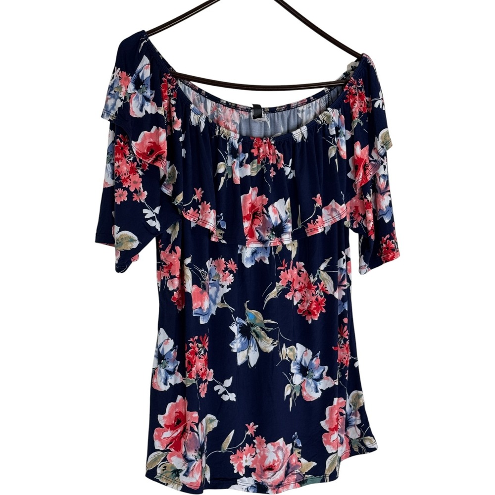 Banabee Womens Off Shoulder Floral Ruffle Top Navy Pink Blue Short Sleeve Size M - Picture 4 of 12